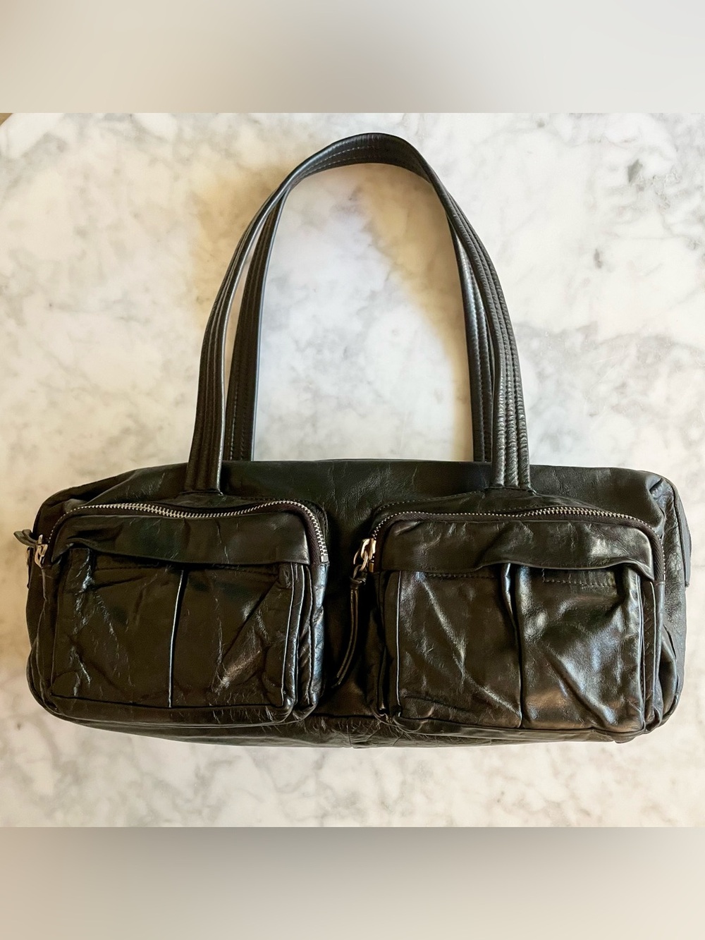 Vintage MIU MIU Early-2000s Black Distressed Leather Multi-Pocket Shoulder Bag